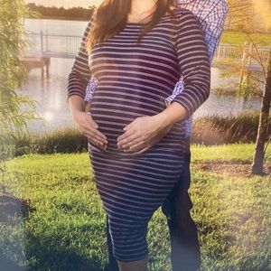 Maternity navy blue with horizontal stripes 3/4 sleeves form-fitting dress large